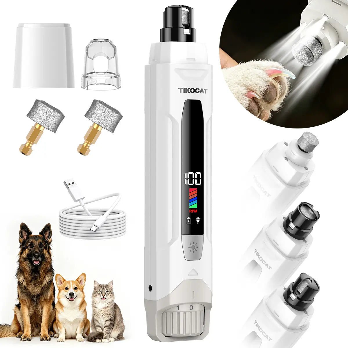 TIKOCAT Whisper-Quiet Dog Nail Grinder Kit - Enhanced 6-Speed Power with LED Display, Four LED Lights, and Three Grinding Bits for Stress-Free and Painless Grooming for Dogs, Cats, and Sensitive Pets of All Breeds - White