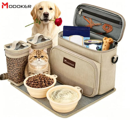 Modoker Pet Travel Bag with Food Containers and Collapsible Bowls - Complete Travel Kit for Pets