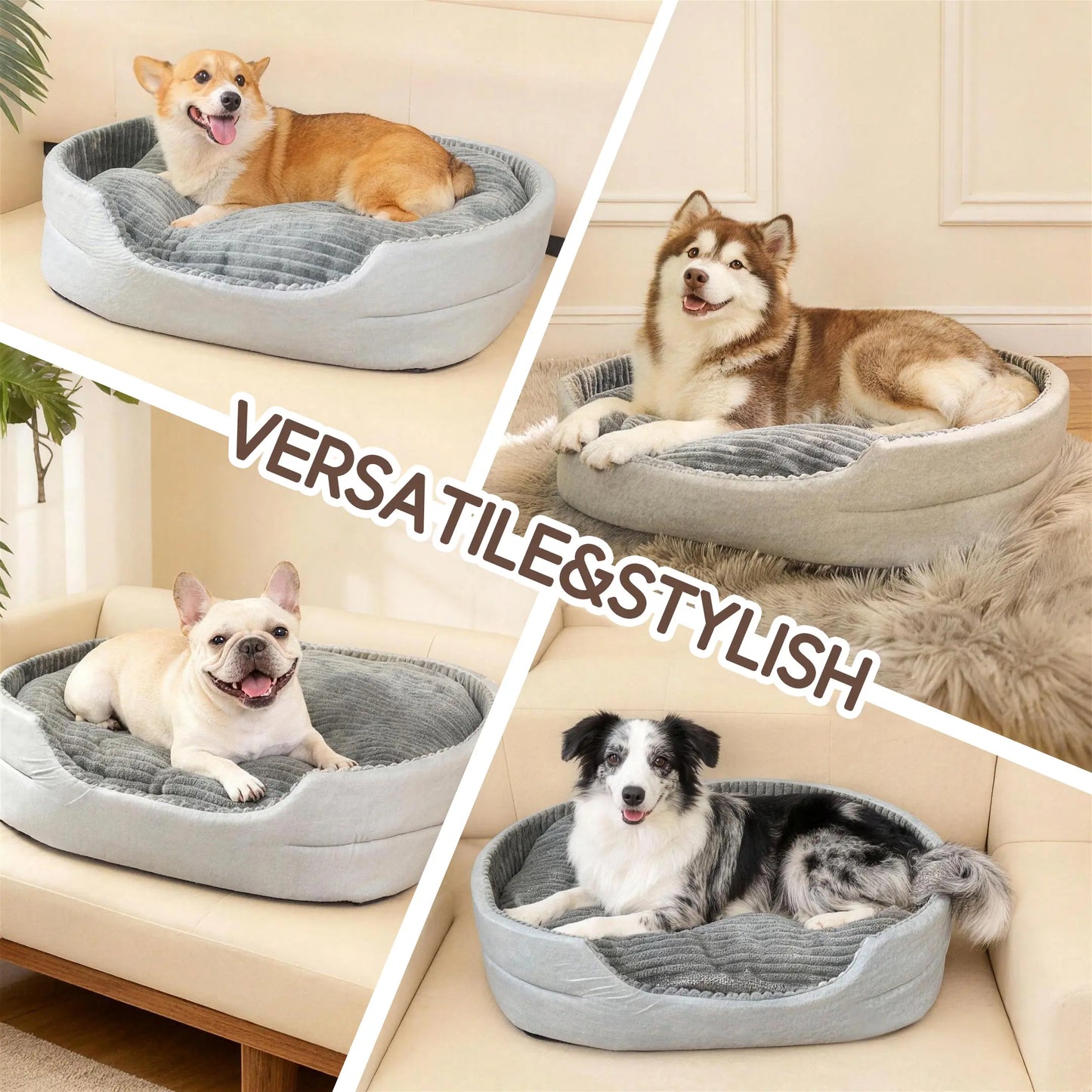 GTPLAYER Plush Dog Bed with Egg Crate Foam, Washable Removable Cover, Waterproof Base, and Non-Slip Bottom for Small to X-Large Dogs - Indoor Pet Sofa in Grey