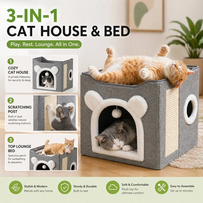 Premium Indoor Cat House with Spacious Access, Plush Hanging Toys, Circular Windows, and Foldable Design, Accommodates Up to 30 Pounds, Includes Dual-Sided Soft Cushions and Elevated Bed.