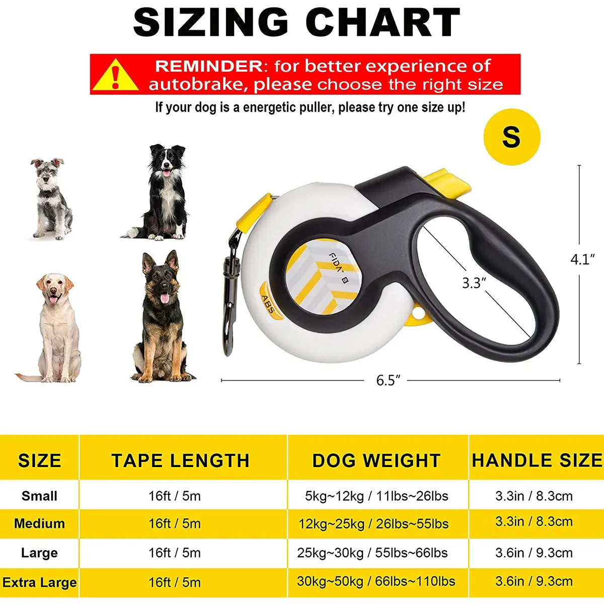 Fida Heavy-Duty Retractable Dog Leash with Autobrake Technology, 16 Ft, Tangle-Free Design for Large and Medium Dogs, One-Hand Control with Soft Grip