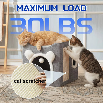 Premium Indoor Cat House with Spacious Access, Plush Hanging Toys, Circular Windows, and Foldable Design, Accommodates Up to 30 Pounds, Includes Dual-Sided Soft Cushions and Elevated Bed.