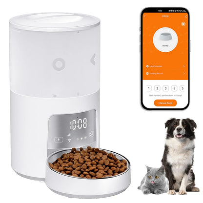 Furlyn 4-Liter Smart Automatic Pet Feeder with Wi-Fi App Control for Cats and Dogs - Programmable Timed and Portion-Controlled Feeding with Dual-Power Source Design and Included Pet Food Combo Pack