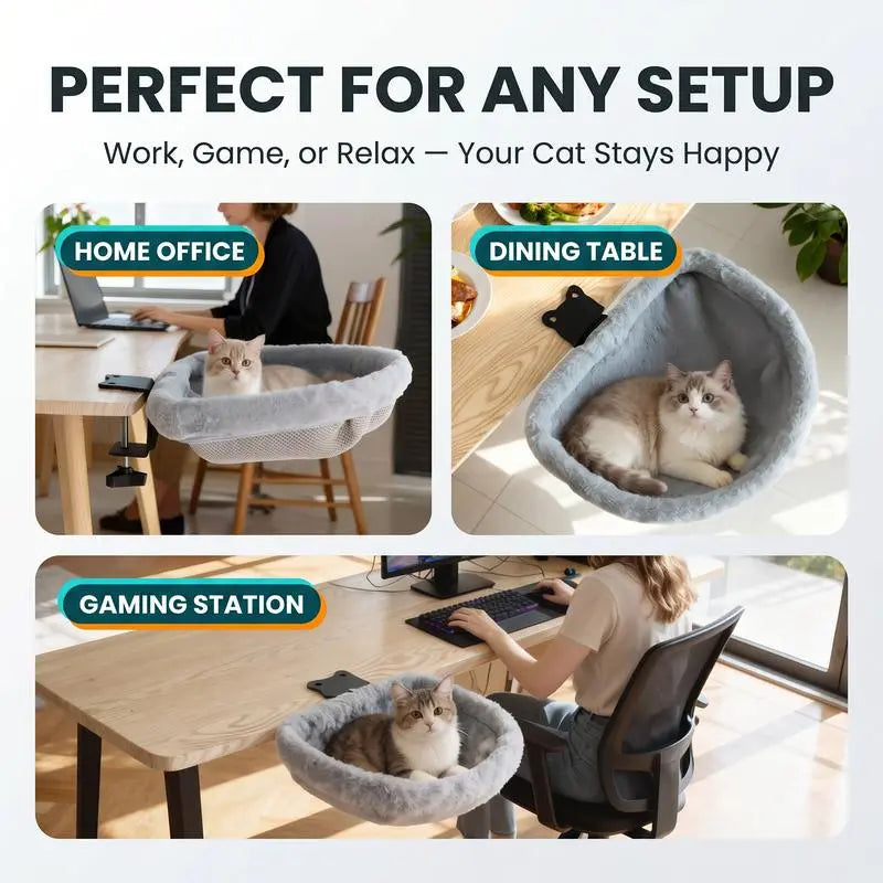 ZERO PET Cat Desk Hammock Bed - Rotating Indoor Cat Bed for Desks or Tables, Enhanced Clamp with Sponge Pad, Supports Up to 45 lbs, Soft and Durable Cat Nest, Machine Washable