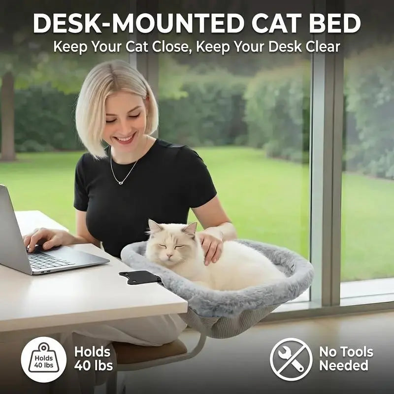 ZERO PET Cat Desk Hammock Bed - Rotating Indoor Cat Bed for Desks or Tables, Enhanced Clamp with Sponge Pad, Supports Up to 45 lbs, Soft and Durable Cat Nest, Machine Washable