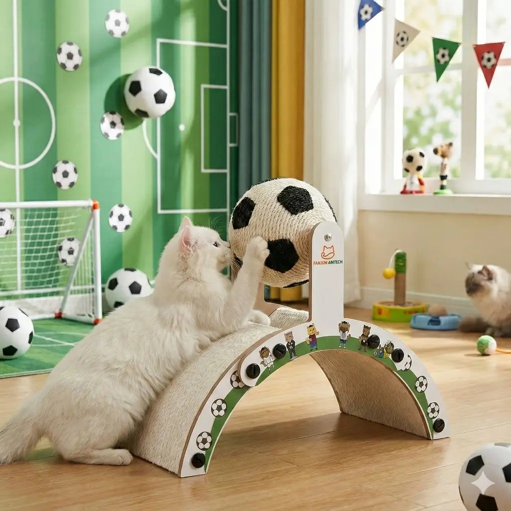 Premium Cat Scratching Post with Soccer Ball - Enhanced Corrugated Cardboard Arch Bridge - Soccer-Inspired Indoor Cat Furniture