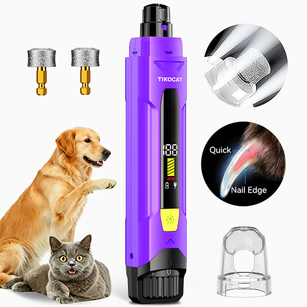 TIKOCAT Whisper-Quiet Dog Nail Grinder Kit - Enhanced 6-Speed Power with LED Display, Four LED Lights, and Three Grinding Bits for Stress-Free and Painless Grooming for Dogs, Cats, and Sensitive Pets of All Breeds - White