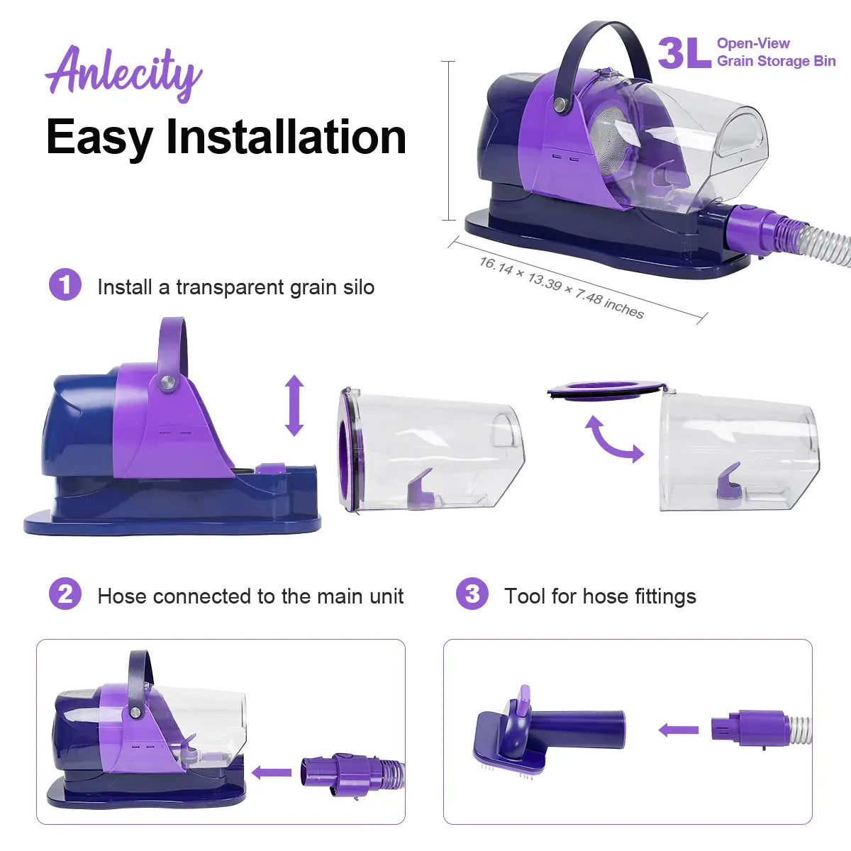 Anlecity Professional Pet Grooming Vacuum System - 3 Suction Modes, 6-in-1 Grooming Kit, 3L Capacity, Cordless Clippers, and 5 Essential Grooming Tools for Effective Dog and Cat Hair Removal