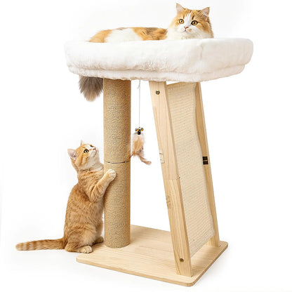 Freestanding 3-in-1 Natural Wood Cat Scratching Post with Removable Hammock, Sisal Column, Angled Pad, and Bell Toy for Indoor Cats