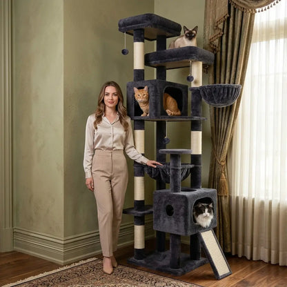 DESKAT 80-Inch Multi-Level Cat Tree for Large Cats with Two Condos and Sisal Scratching Posts, Ideal for 2-3 Cats, Space-Saving Design with Reinforced Base, Model F80G