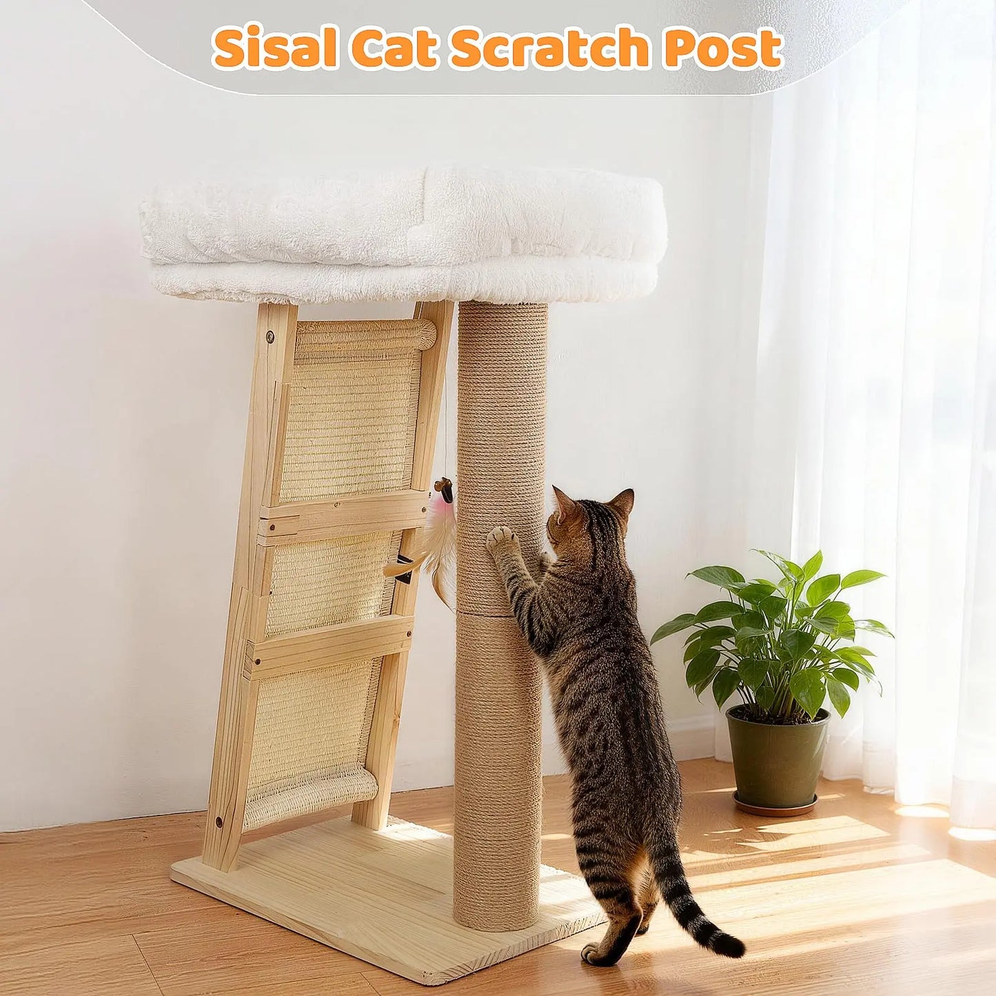 Freestanding 3-in-1 Natural Wood Cat Scratching Post with Removable Hammock, Sisal Column, Angled Pad, and Bell Toy for Indoor Cats