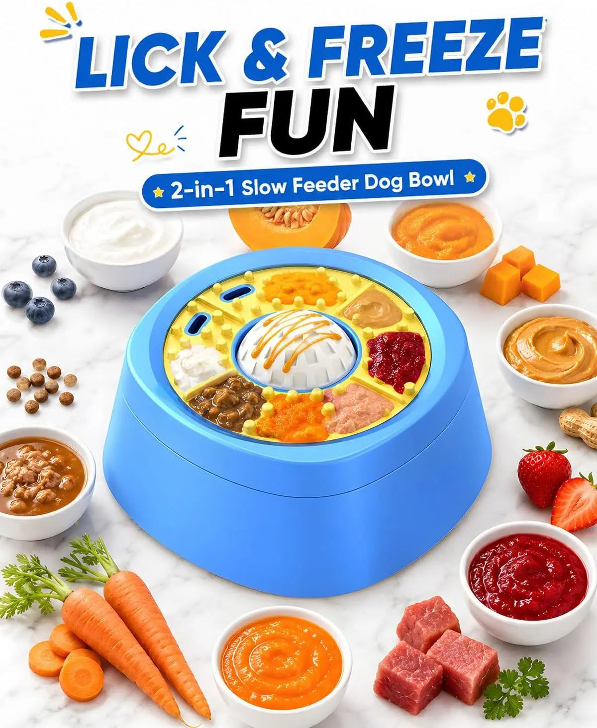 Picky Zoom Interactive Slow Feeder Bowl with Rolling Lick Ball - Dual Purpose Enrichment Solution for Rapid Eaters, Equipped with Anti-Slip Suction Base for Frozen Treats, Yogurt, and Wet Food for Dogs and Cats