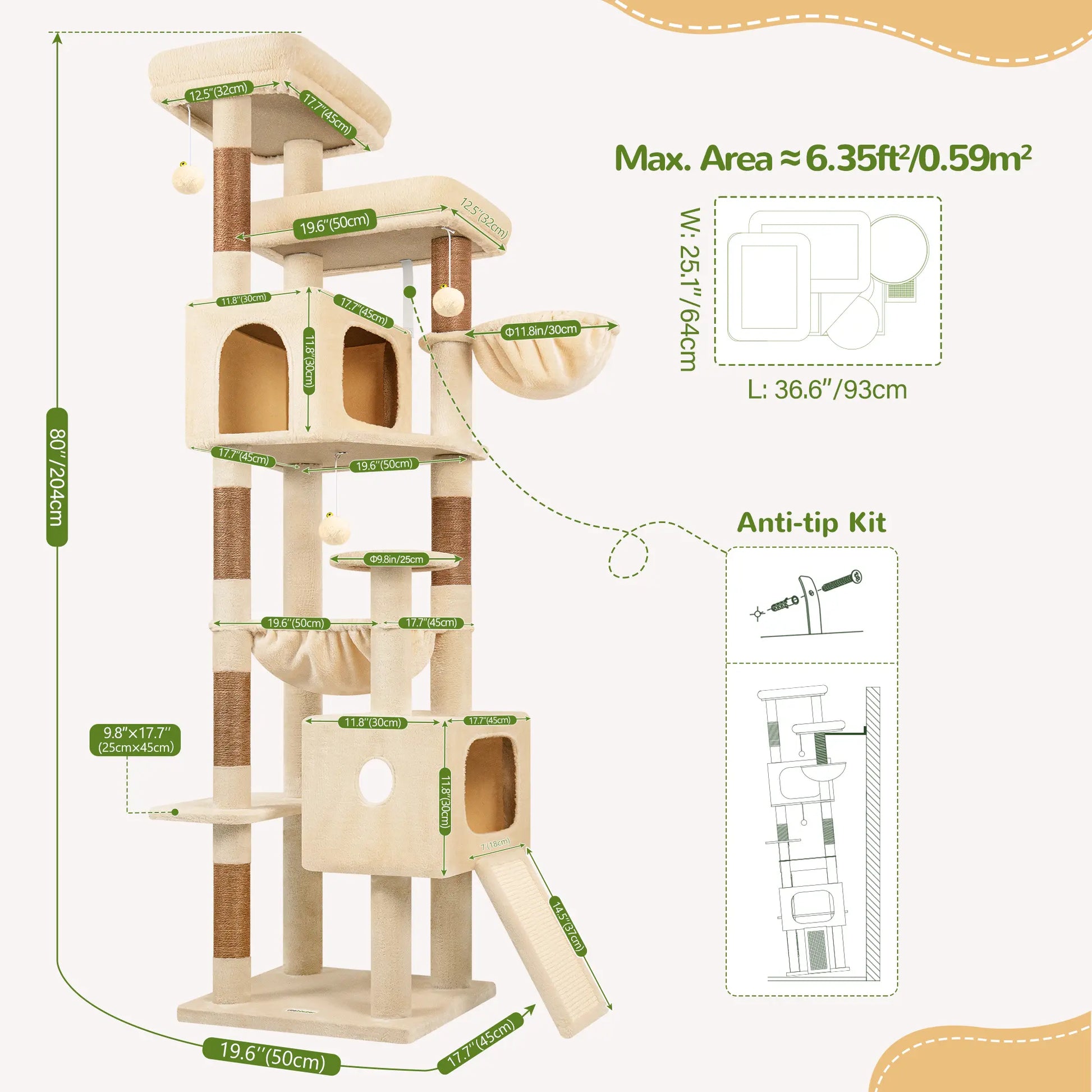 DESKAT 80-Inch Multi-Level Cat Tree for Large Cats with Two Condos and Sisal Scratching Posts, Ideal for 2-3 Cats, Space-Saving Design with Reinforced Base, Model F80G