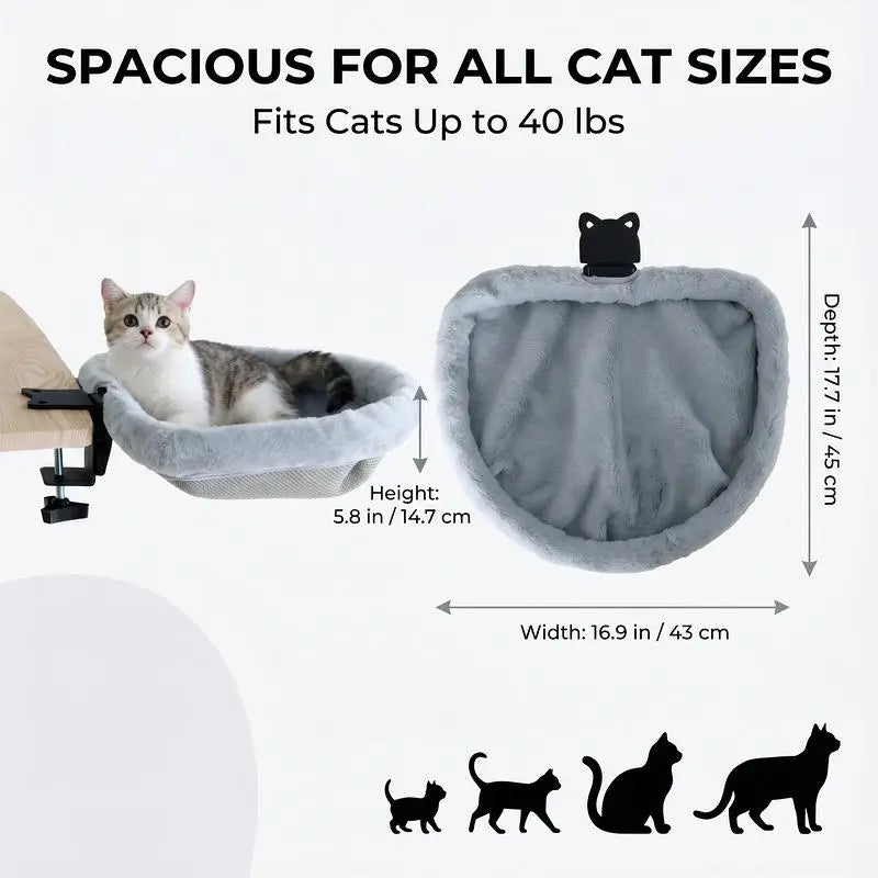 ZERO PET Cat Desk Hammock Bed - Rotating Indoor Cat Bed for Desks or Tables, Enhanced Clamp with Sponge Pad, Supports Up to 45 lbs, Soft and Durable Cat Nest, Machine Washable