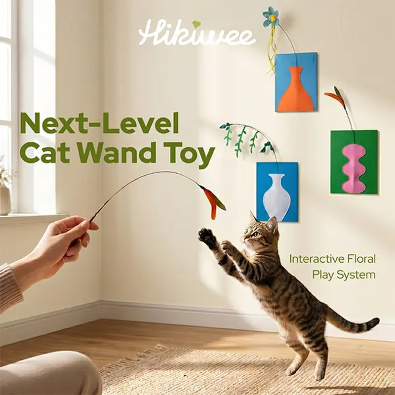Hikiwee Interactive Cat Wand Toy with Base - Replaceable and Reusable for Extended Engagement, Colorful Design