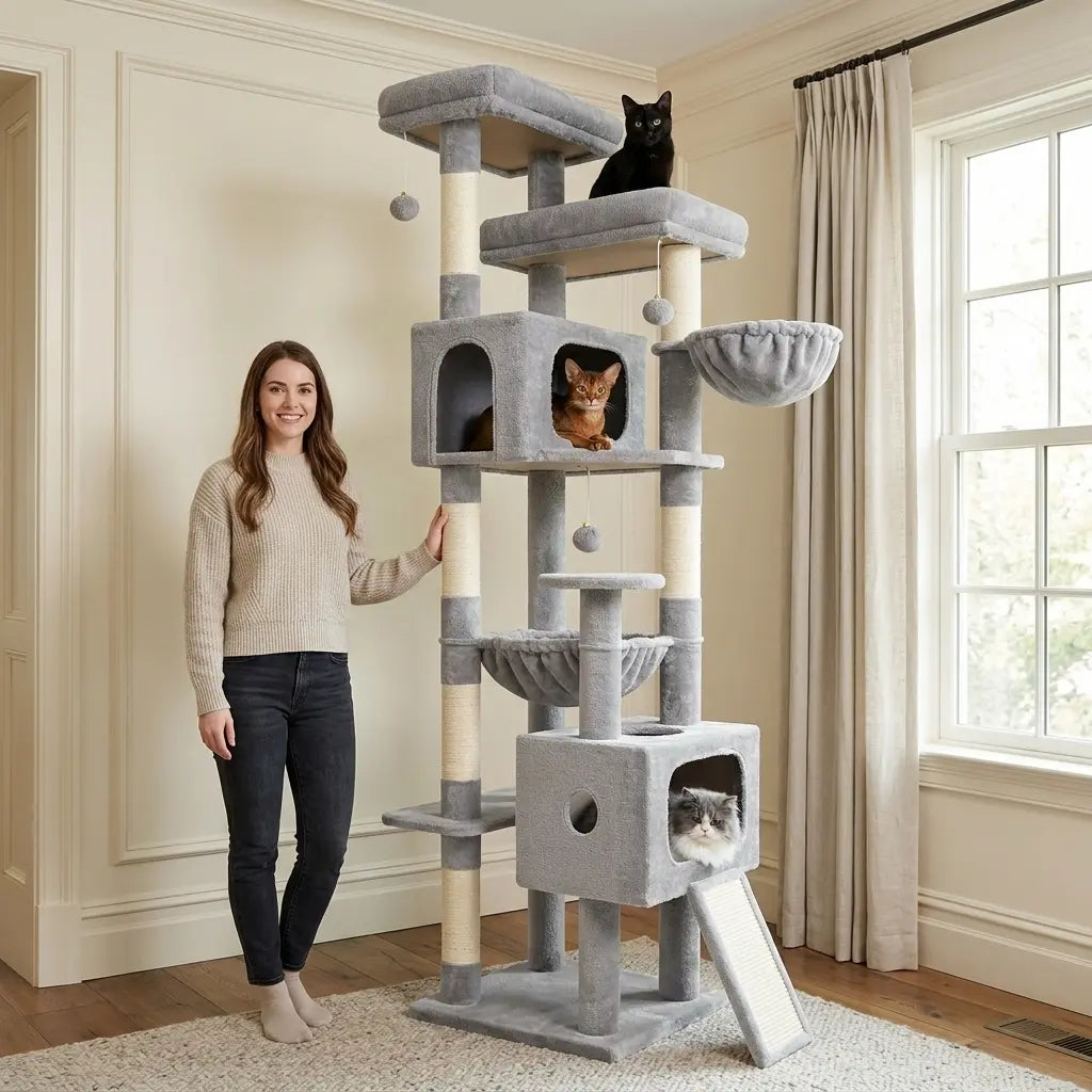 DESKAT 80-Inch Multi-Level Cat Tree for Large Cats with Two Condos and Sisal Scratching Posts, Ideal for 2-3 Cats, Space-Saving Design with Reinforced Base, Model F80G
