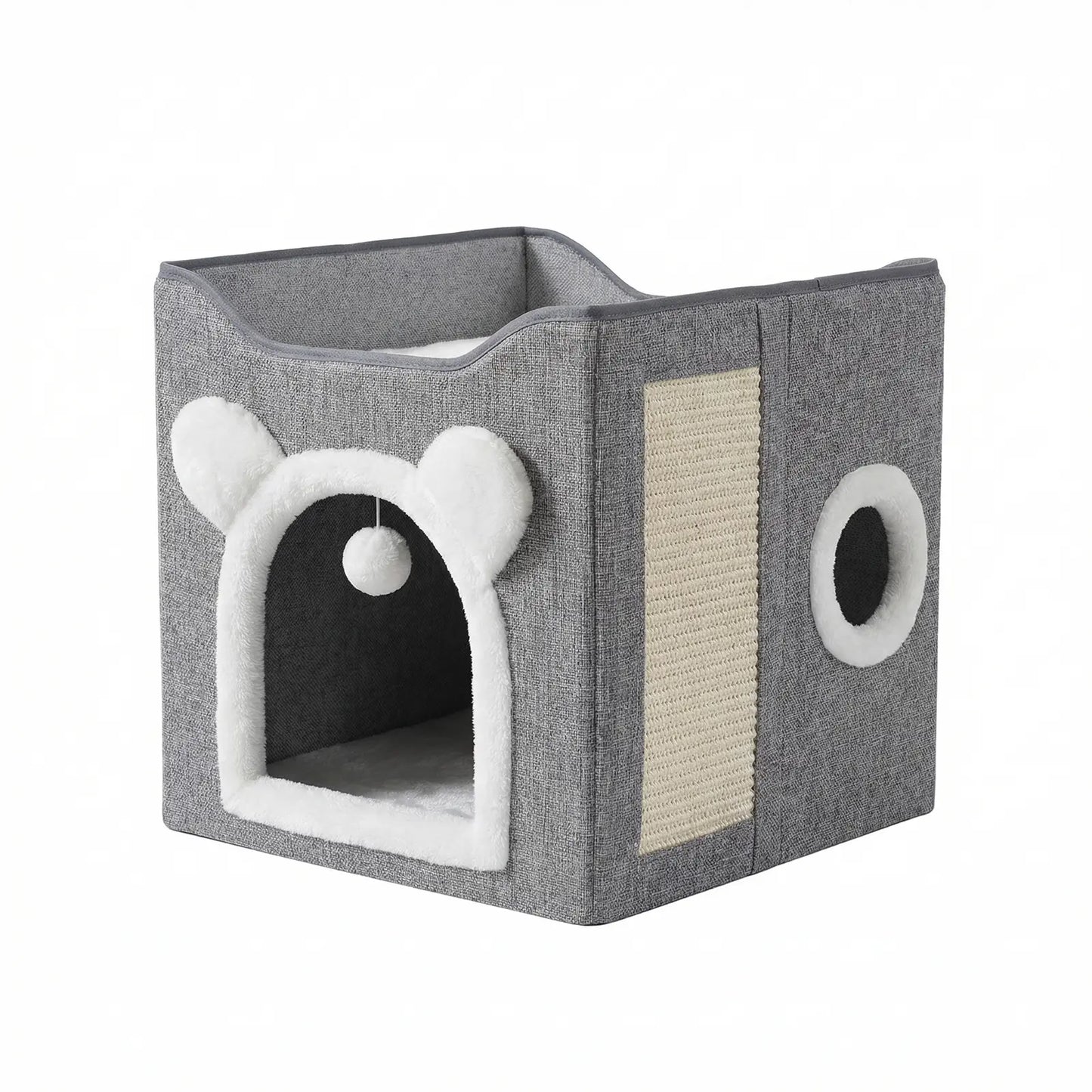 Premium Indoor Cat House with Spacious Access, Plush Hanging Toys, Circular Windows, and Foldable Design, Accommodates Up to 30 Pounds, Includes Dual-Sided Soft Cushions and Elevated Bed.