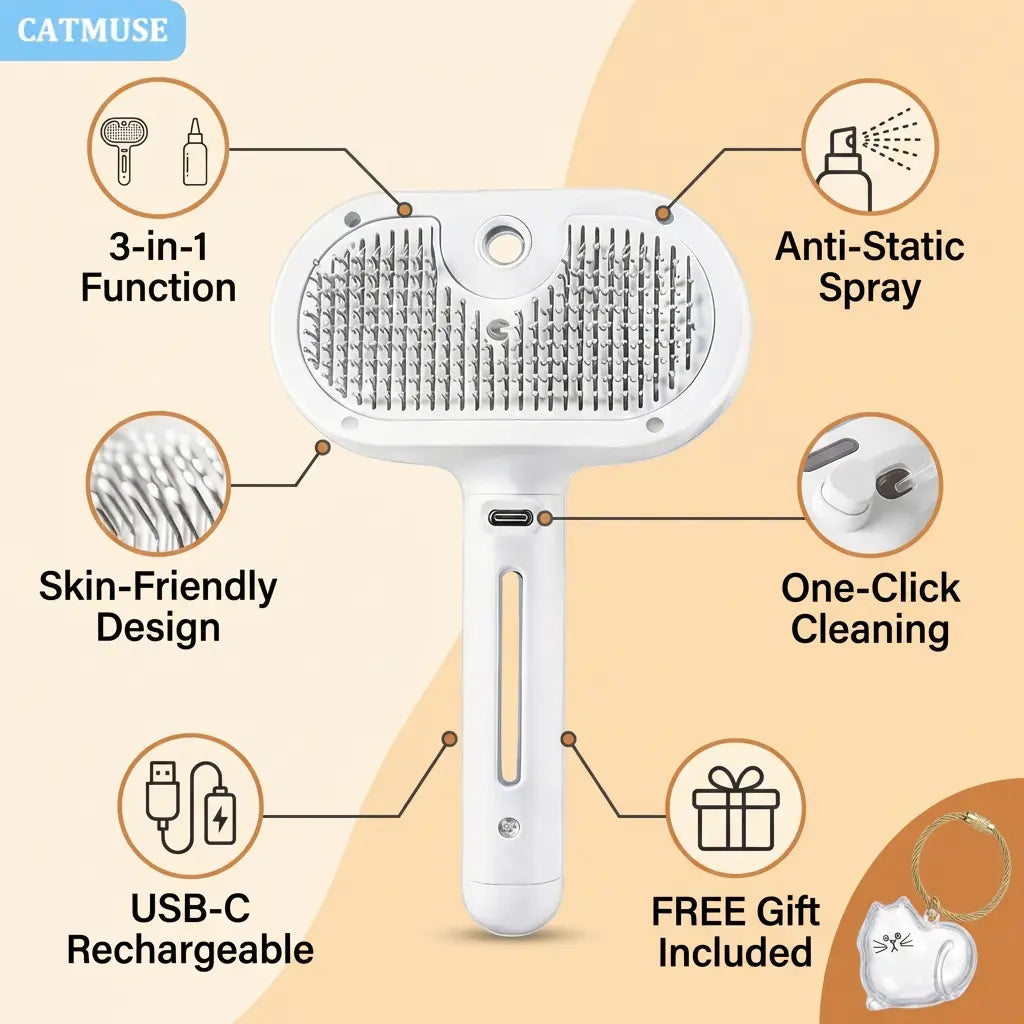 CATMUSE Professional Enhanced Steam Deshedding Brush - 3-in-1 Self-Cleaning Grooming Tool for Cats and Dogs, Safe Fur Grooming and Massage Comb for Long and Short-Haired Pets