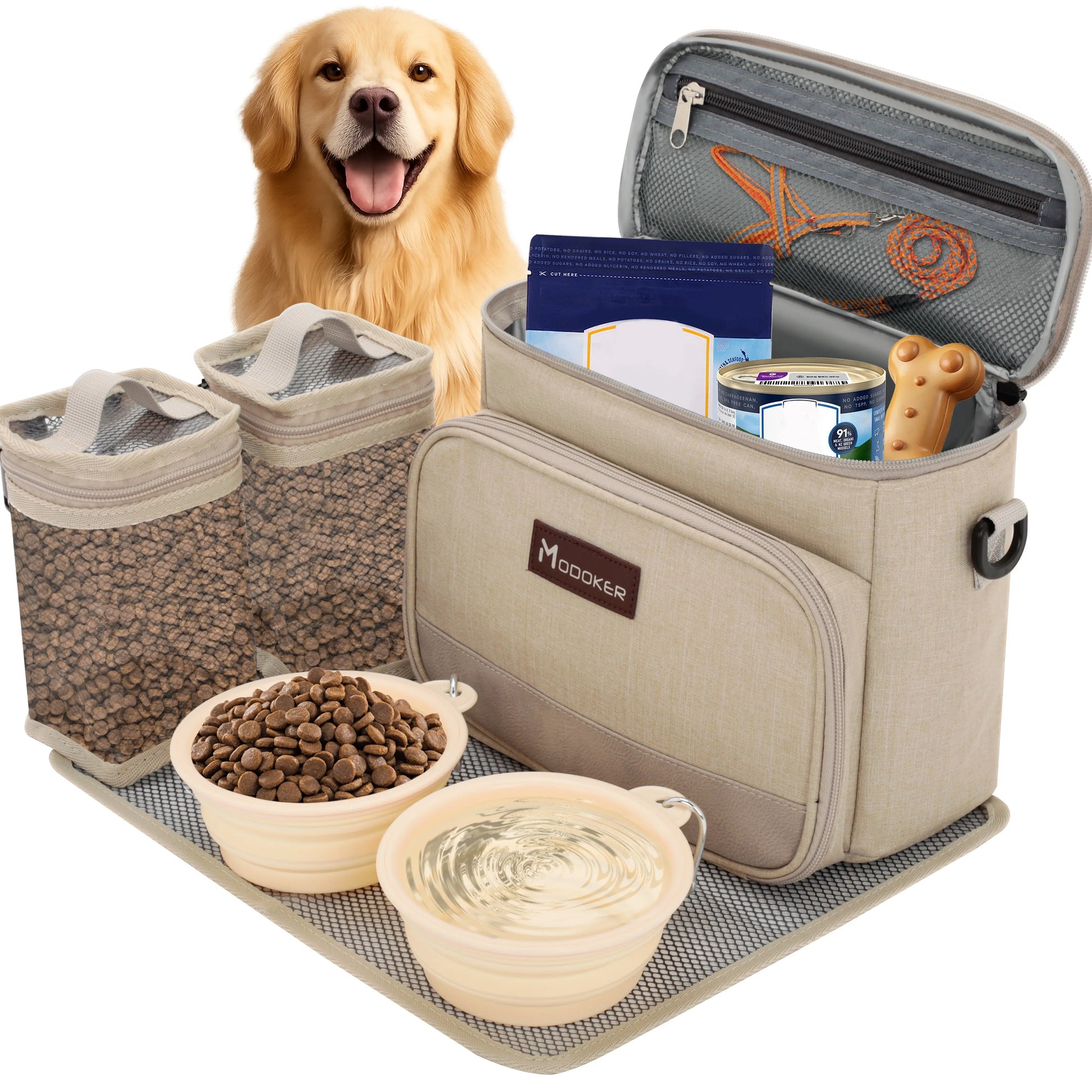 Modoker Pet Travel Bag with Food Containers and Collapsible Bowls - Complete Travel Kit for Pets