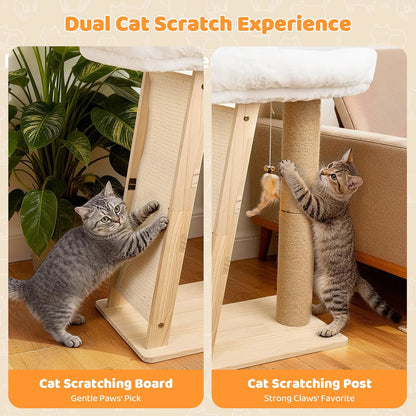 Freestanding 3-in-1 Natural Wood Cat Scratching Post with Removable Hammock, Sisal Column, Angled Pad, and Bell Toy for Indoor Cats