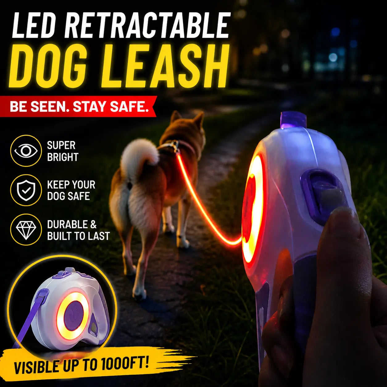 Pawzseek LED Retractable Dog Leash for Improved Nighttime Safety