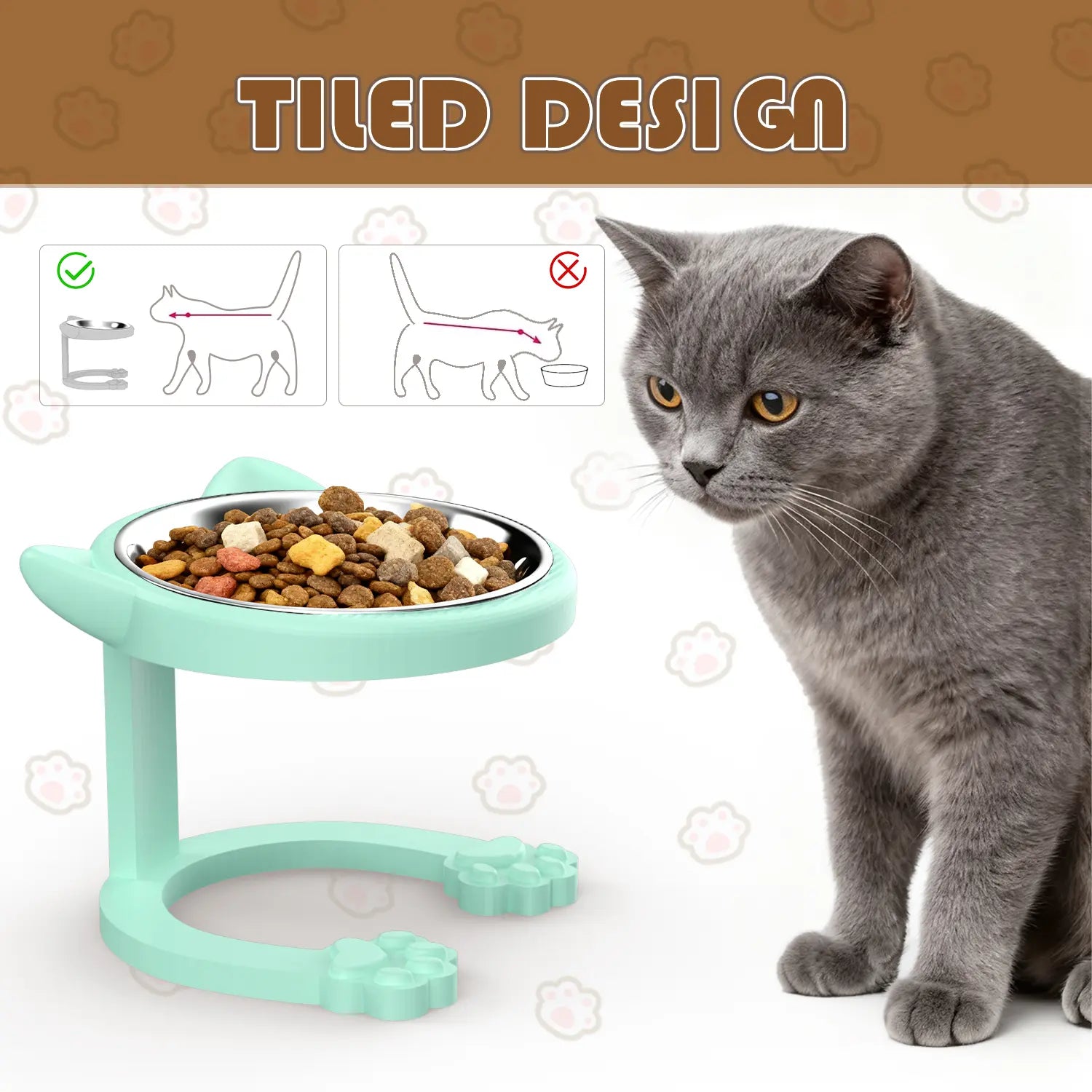 Elevated Tilted Cat Bowl - Premium 316 Stainless Steel Raised Feeder with Anti-Slip Paw Stand, Whisker-Friendly Design, and Easy-to-Clean Portable Feeding Dish for Senior Cats and Small Puppies