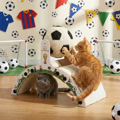 Premium Cat Scratching Post with Soccer Ball - Enhanced Corrugated Cardboard Arch Bridge - Soccer-Inspired Indoor Cat Furniture