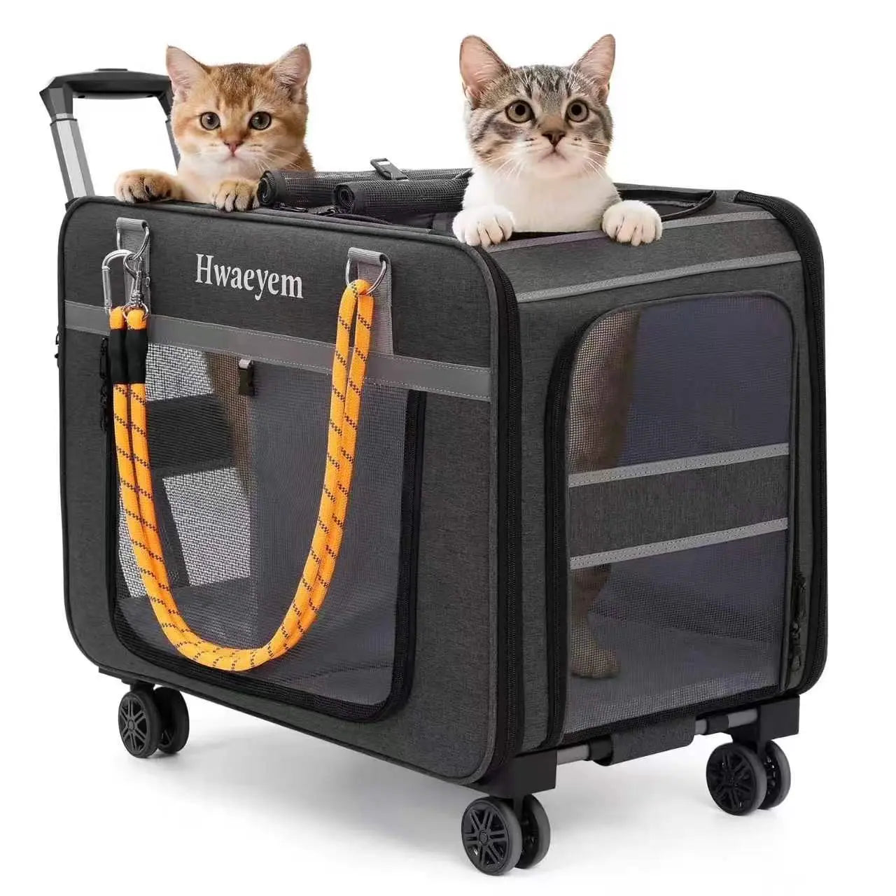 Extra Large Adjustable Height Rolling Pet Carrier with Wheels, Black Mesh, Airline Compatible for Cats and Small Dogs, Supports Up to 40 lbs, Ideal Gift for Pet Lovers