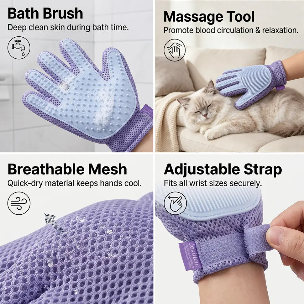 Efficient Pet Hair Remover Glove for Dogs and Cats - Double-Sided Grooming Brush with Five Finger Design for Bathing, Massaging, Grooming, Shedding, and Furniture Cleaning