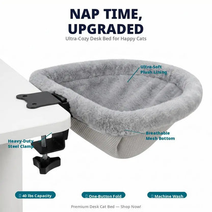 ZERO PET Cat Desk Hammock Bed - Rotating Indoor Cat Bed for Desks or Tables, Enhanced Clamp with Sponge Pad, Supports Up to 45 lbs, Soft and Durable Cat Nest, Machine Washable