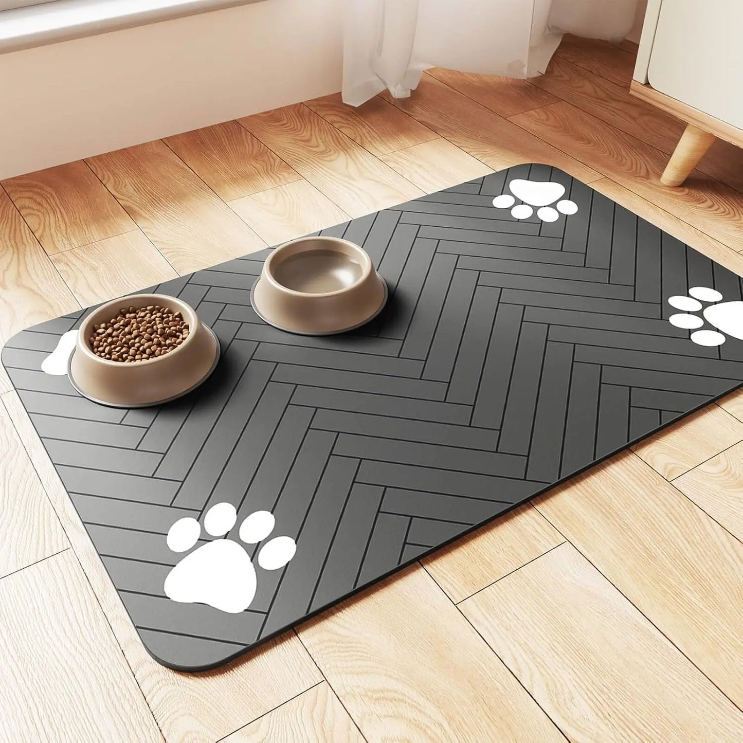 Absorbent Pet Feeding Mat with Waterproof Rubber Backing, Quick-Drying Design for Cats and Dogs, 20" x 12", Stripe Pattern for Food and Water Bowls