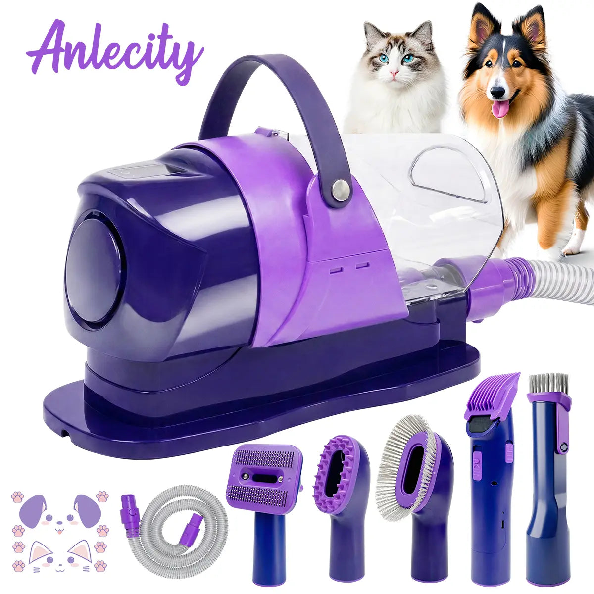 Anlecity Professional Pet Grooming Vacuum System - 3 Suction Modes, 6-in-1 Grooming Kit, 3L Capacity, Cordless Clippers, and 5 Essential Grooming Tools for Effective Dog and Cat Hair Removal