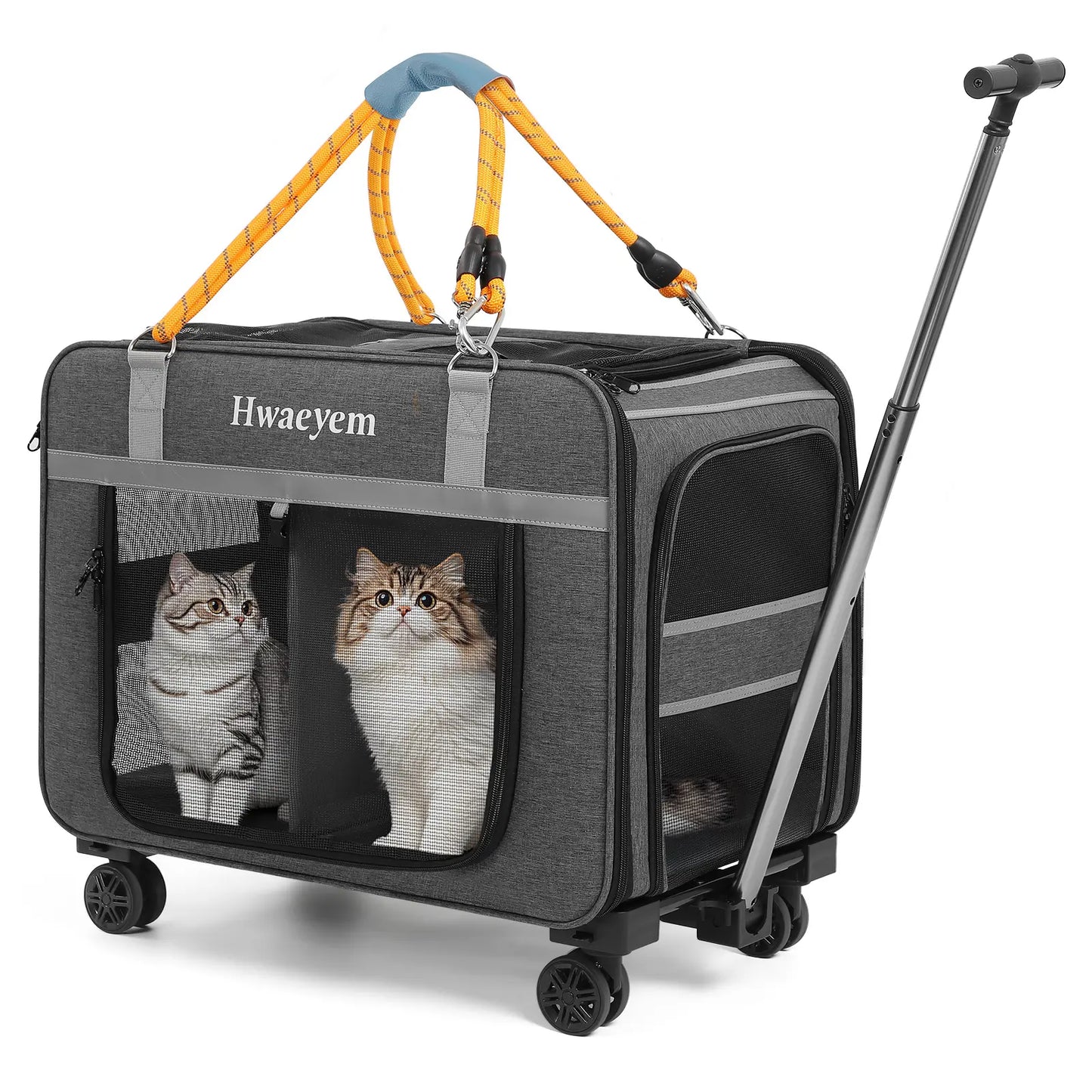 Extra Large Adjustable Height Rolling Pet Carrier with Wheels, Black Mesh, Airline Compatible for Cats and Small Dogs, Supports Up to 40 lbs, Ideal Gift for Pet Lovers