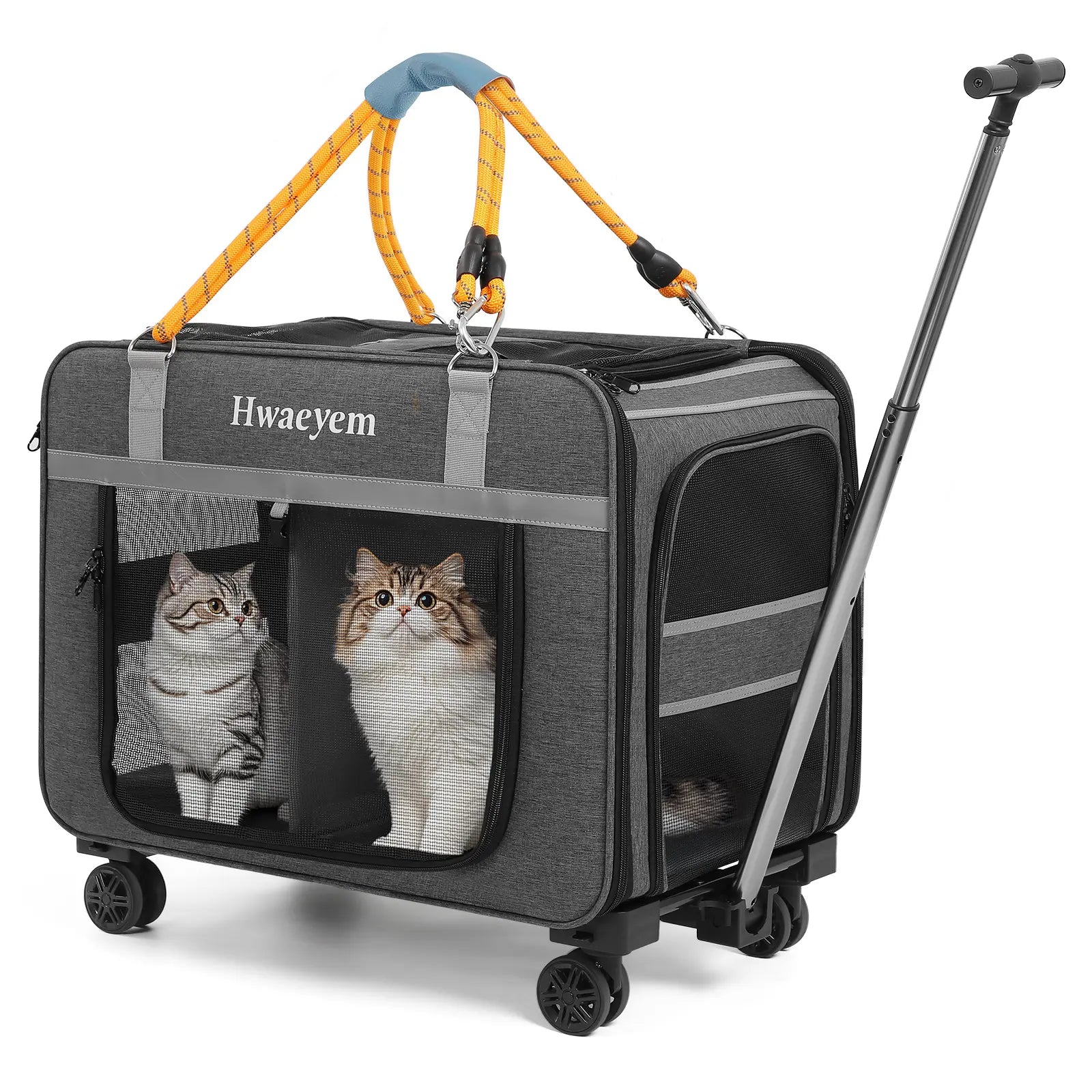 Extra Large Adjustable Height Rolling Pet Carrier with Wheels, Black Mesh, Airline Compatible for Cats and Small Dogs, Supports Up to 40 lbs, Ideal Gift for Pet Lovers