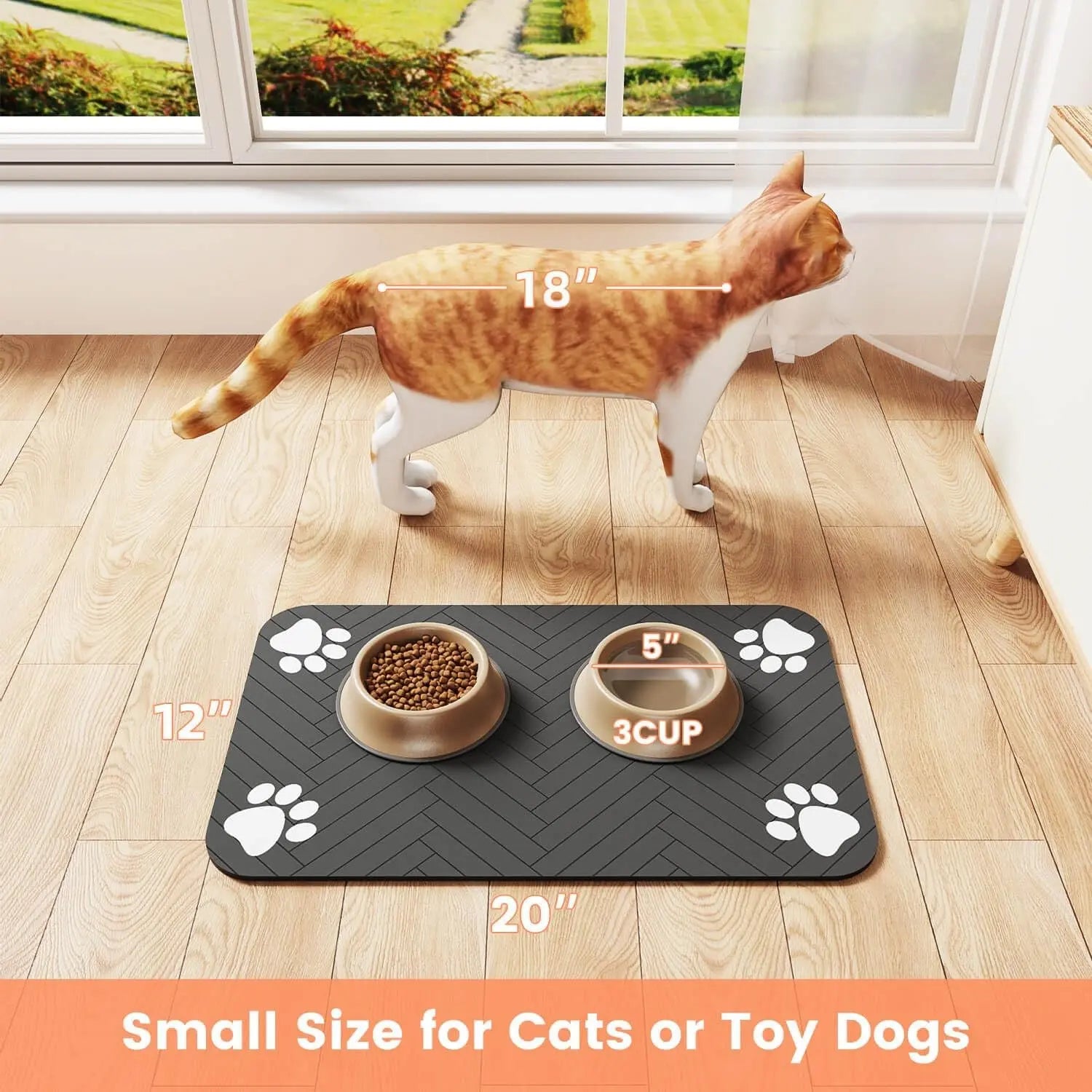 Absorbent Pet Feeding Mat with Waterproof Rubber Backing, Quick-Drying Design for Cats and Dogs, 20" x 12", Stripe Pattern for Food and Water Bowls