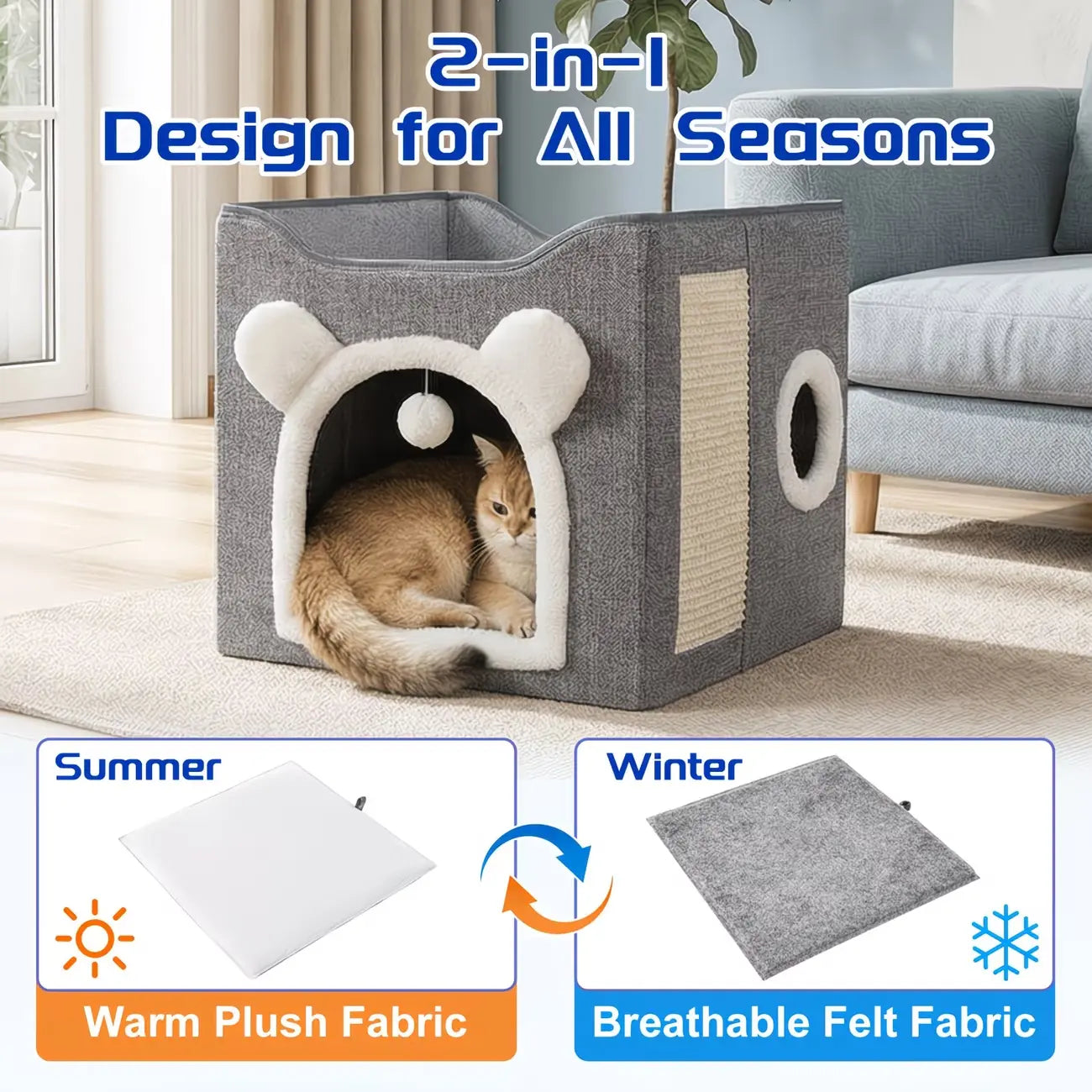 Premium Indoor Cat House with Spacious Access, Plush Hanging Toys, Circular Windows, and Foldable Design, Accommodates Up to 30 Pounds, Includes Dual-Sided Soft Cushions and Elevated Bed.