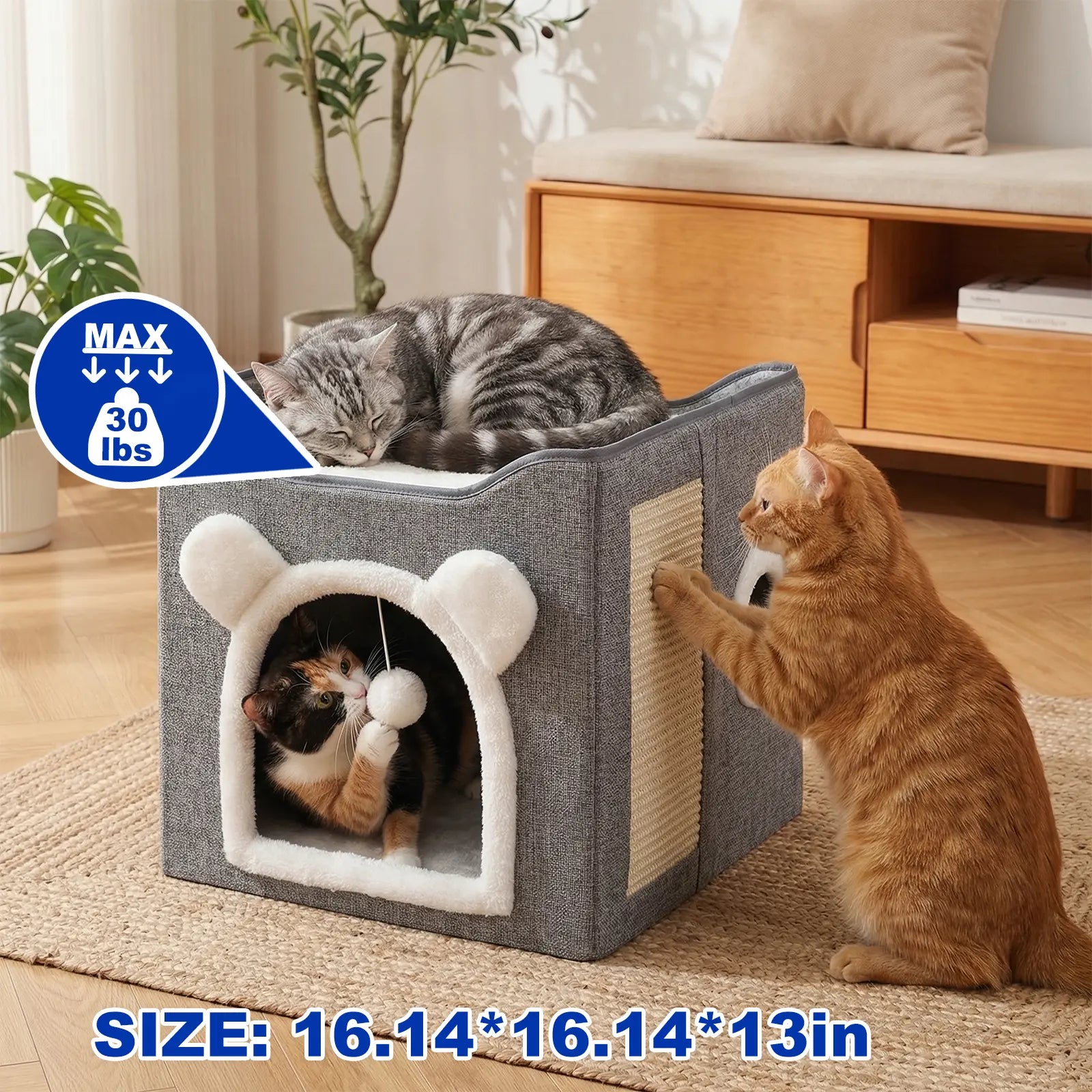 Premium Indoor Cat House with Spacious Access, Plush Hanging Toys, Circular Windows, and Foldable Design, Accommodates Up to 30 Pounds, Includes Dual-Sided Soft Cushions and Elevated Bed.