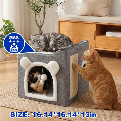 Premium Indoor Cat House with Spacious Access, Plush Hanging Toys, Circular Windows, and Foldable Design, Accommodates Up to 30 Pounds, Includes Dual-Sided Soft Cushions and Elevated Bed.