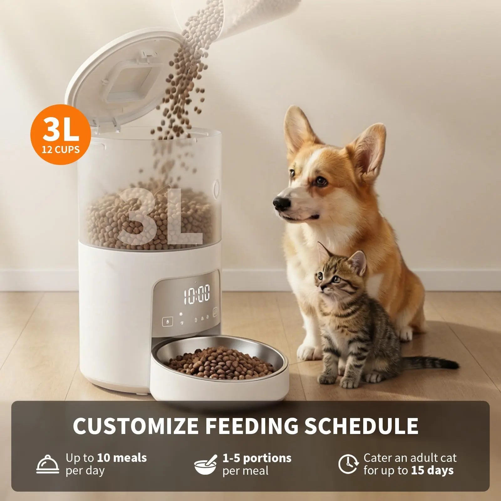 Furlyn 4-Liter Smart Automatic Pet Feeder with Wi-Fi App Control for Cats and Dogs - Programmable Timed and Portion-Controlled Feeding with Dual-Power Source Design and Included Pet Food Combo Pack
