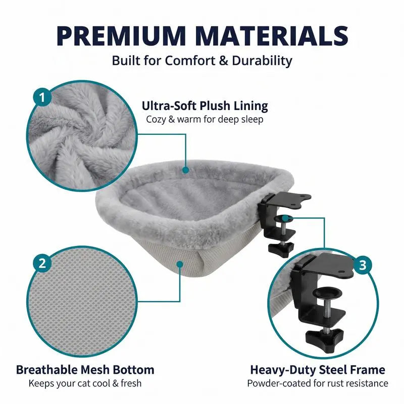 ZERO PET Cat Desk Hammock Bed - Rotating Indoor Cat Bed for Desks or Tables, Enhanced Clamp with Sponge Pad, Supports Up to 45 lbs, Soft and Durable Cat Nest, Machine Washable