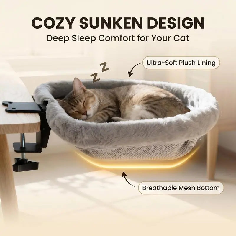 ZERO PET Cat Desk Hammock Bed - Rotating Indoor Cat Bed for Desks or Tables, Enhanced Clamp with Sponge Pad, Supports Up to 45 lbs, Soft and Durable Cat Nest, Machine Washable