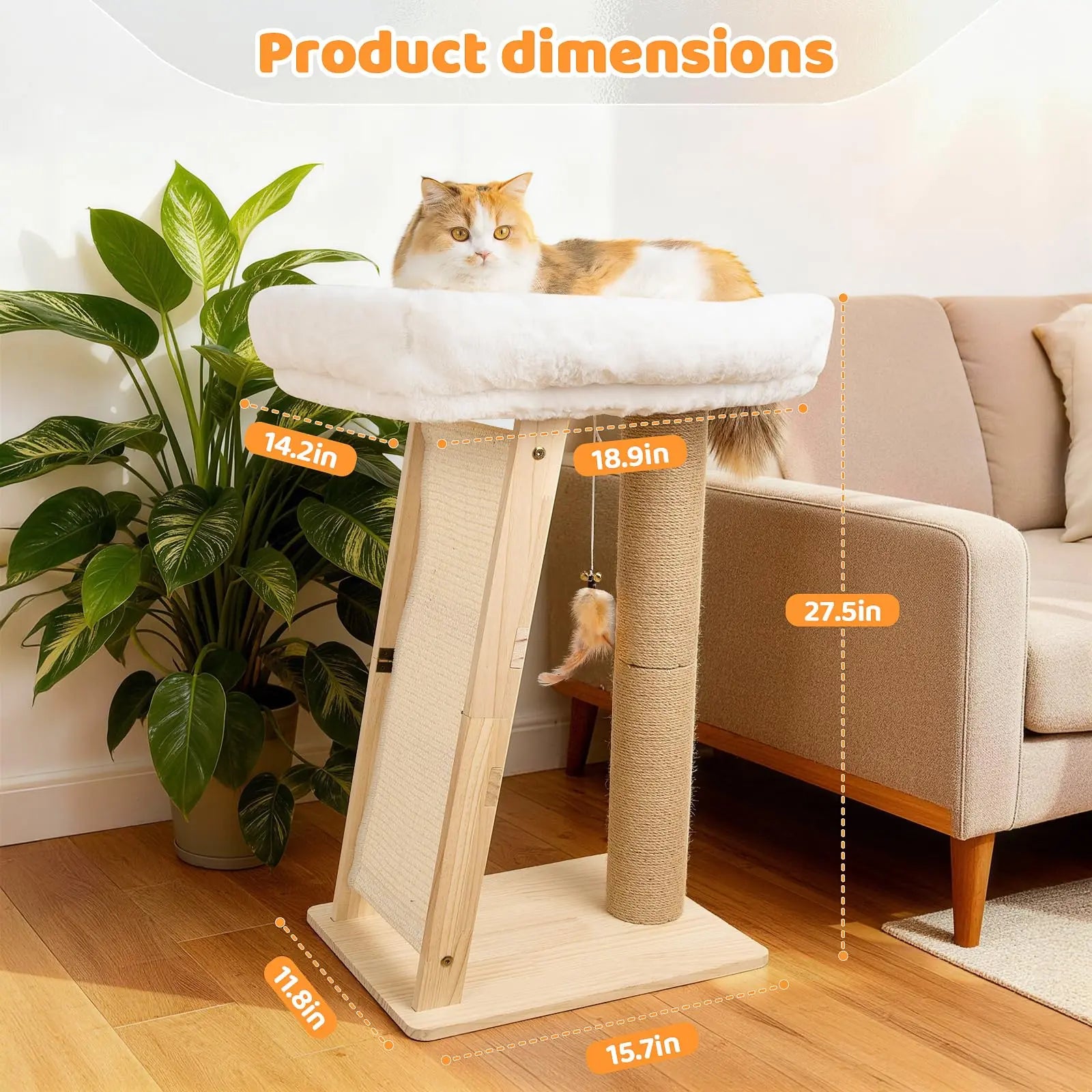 Freestanding 3-in-1 Natural Wood Cat Scratching Post with Removable Hammock, Sisal Column, Angled Pad, and Bell Toy for Indoor Cats