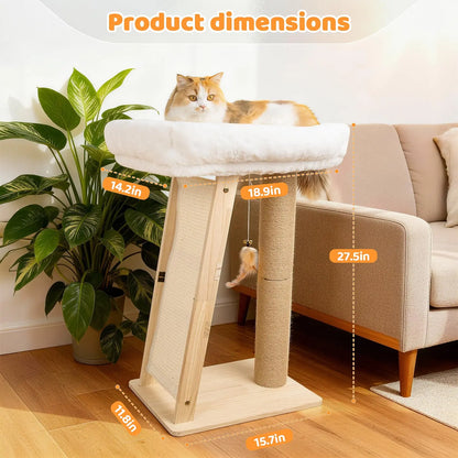 Freestanding 3-in-1 Natural Wood Cat Scratching Post with Removable Hammock, Sisal Column, Angled Pad, and Bell Toy for Indoor Cats