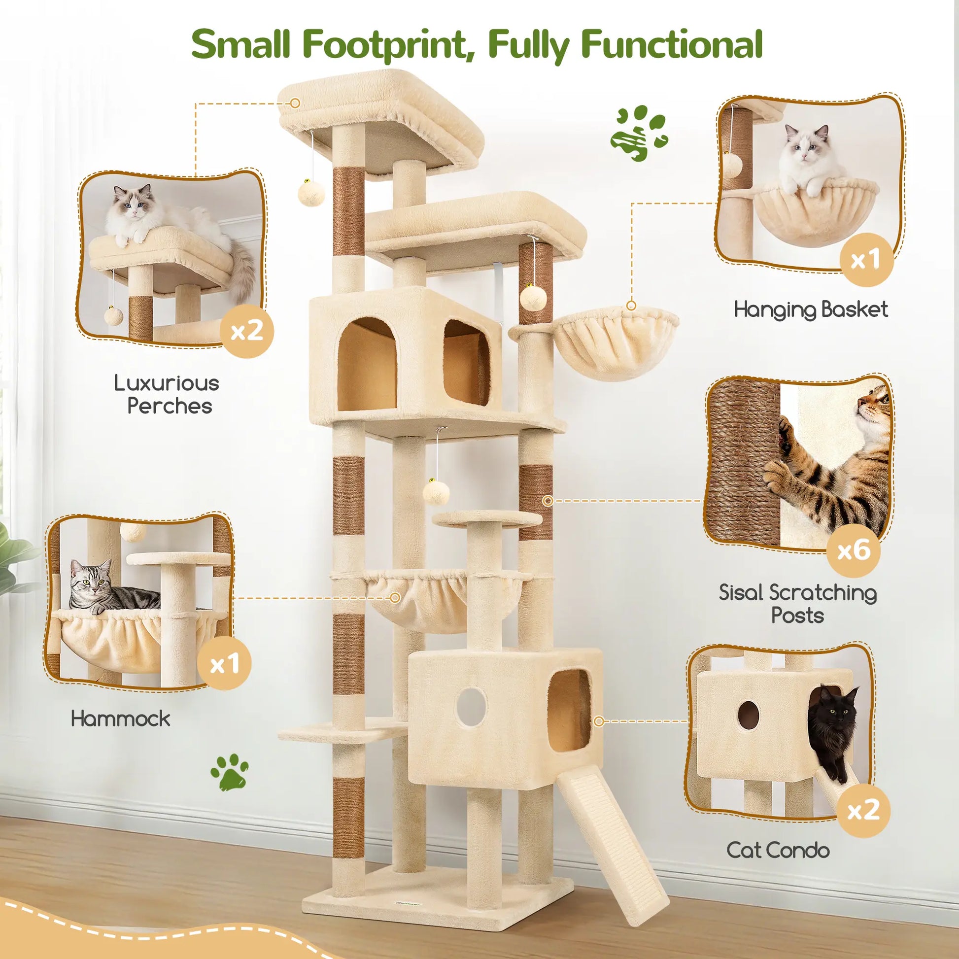 DESKAT 80-Inch Multi-Level Cat Tree for Large Cats with Two Condos and Sisal Scratching Posts, Ideal for 2-3 Cats, Space-Saving Design with Reinforced Base, Model F80G