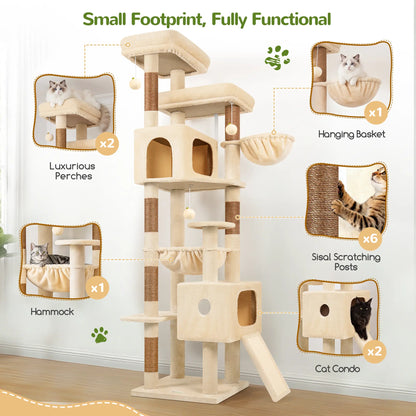 DESKAT 80-Inch Multi-Level Cat Tree for Large Cats with Two Condos and Sisal Scratching Posts, Ideal for 2-3 Cats, Space-Saving Design with Reinforced Base, Model F80G