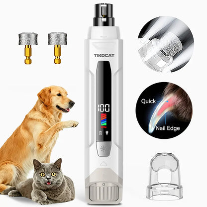 TIKOCAT Whisper-Quiet Dog Nail Grinder Kit - Enhanced 6-Speed Power with LED Display, Four LED Lights, and Three Grinding Bits for Stress-Free and Painless Grooming for Dogs, Cats, and Sensitive Pets of All Breeds - White