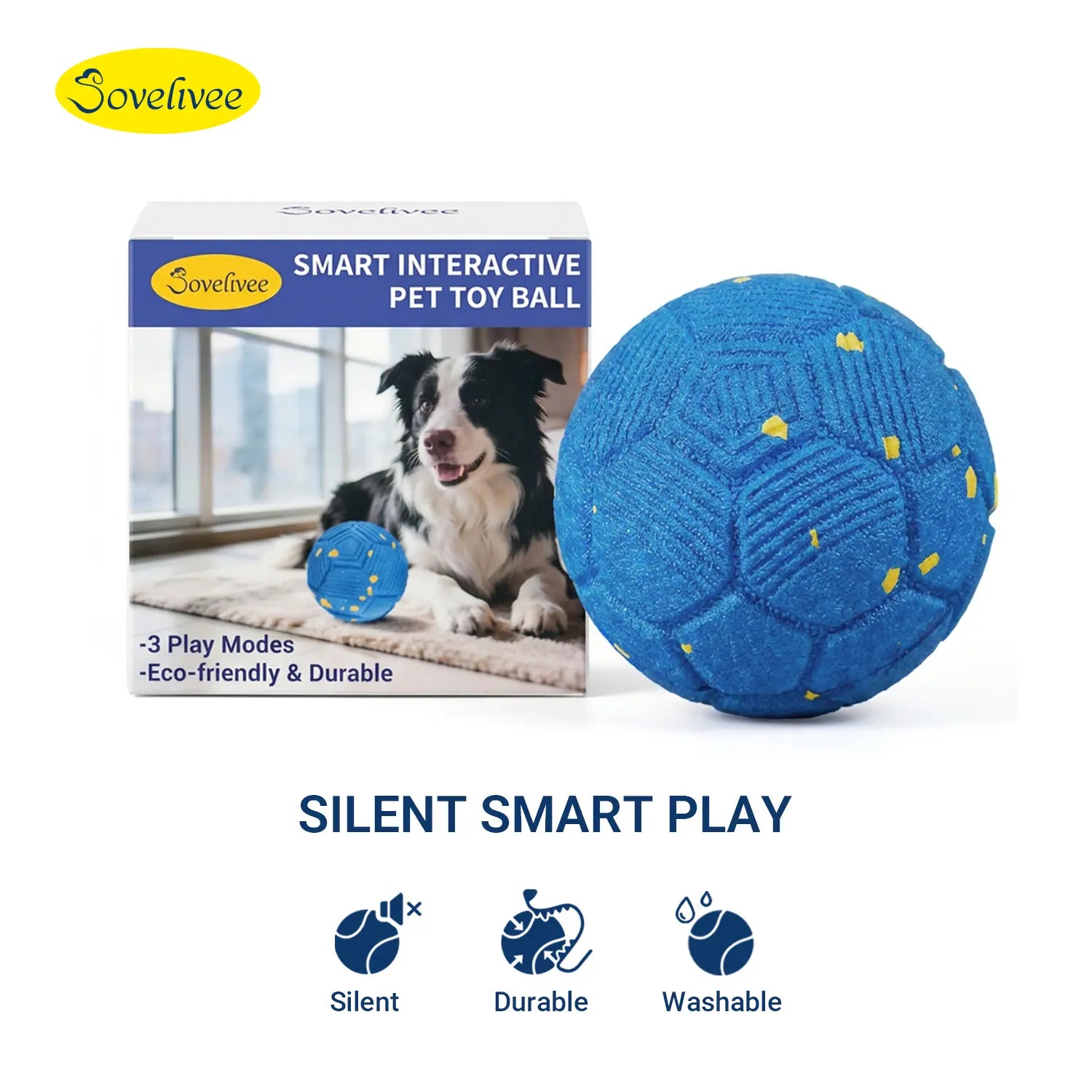 Sovelivee 2026 Soccer Fest Edition Interactive Dog Chew Toy Ball - Self-Moving, USB Rechargeable, Durable, and Squeaky for Solo Play
