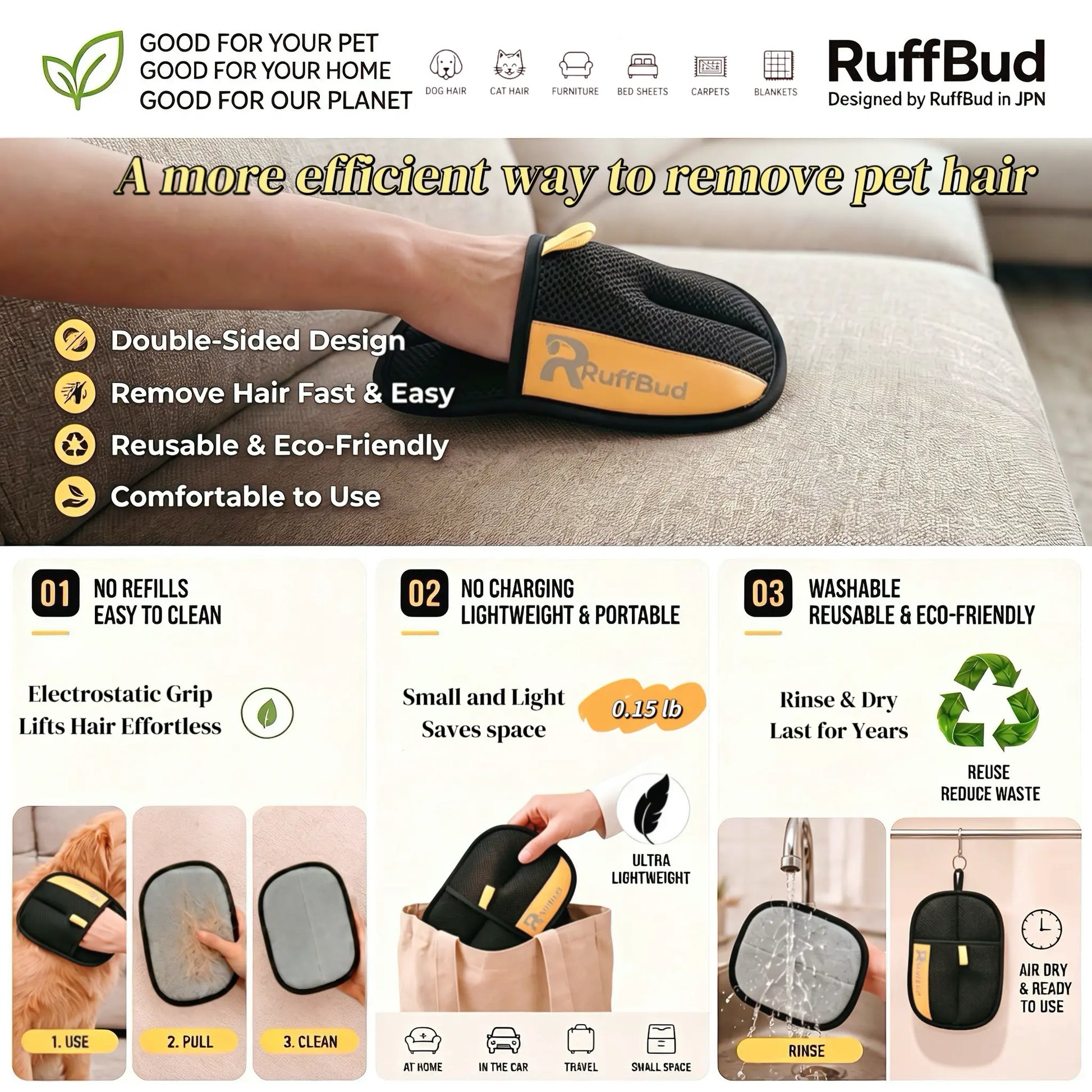 Ruffbud Reusable Pet Hair Removal Gloves for Efficient Grooming and Home Cleaning