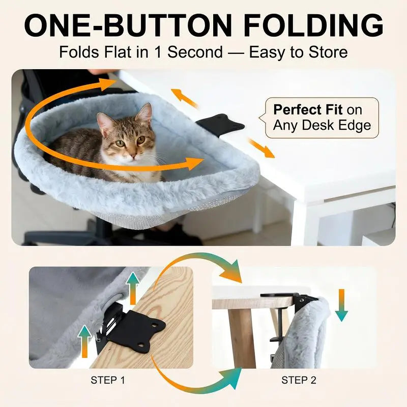 ZERO PET Cat Desk Hammock Bed - Rotating Indoor Cat Bed for Desks or Tables, Enhanced Clamp with Sponge Pad, Supports Up to 45 lbs, Soft and Durable Cat Nest, Machine Washable
