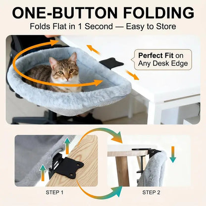 ZERO PET Cat Desk Hammock Bed - Rotating Indoor Cat Bed for Desks or Tables, Enhanced Clamp with Sponge Pad, Supports Up to 45 lbs, Soft and Durable Cat Nest, Machine Washable